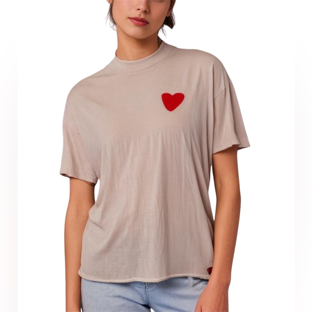 Aviator Nation Cream Short Sleeve T Shirt With Heart Patch Medium Soft Flawed